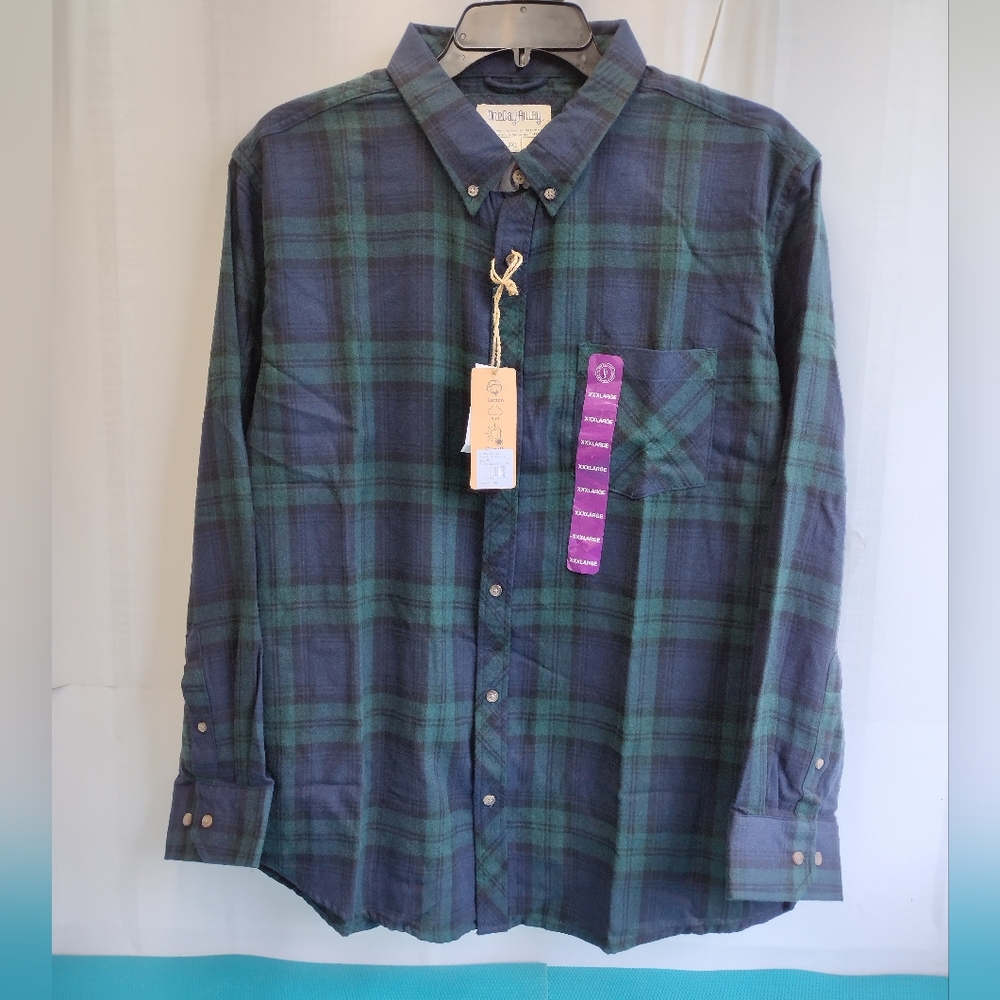 One Day Away Mens Long Sleeve Plaid Flannel Shirt Button Up Navy 3XL